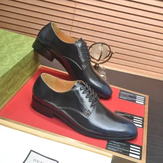 Gucci Black Gold Polished Leather Cap Toe Oxford Shoes
