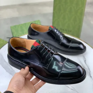 Gucci Black Green Glossy Leather Cap Toe Oxford Shoes