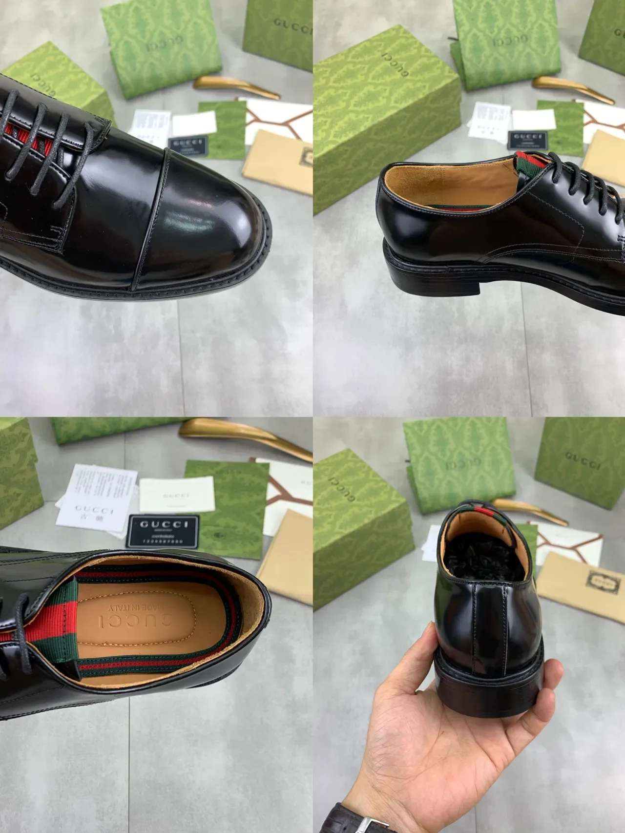 Gucci Chaussures Oxford en Cuir Noir Vert Brillant à Pied de Biche 2