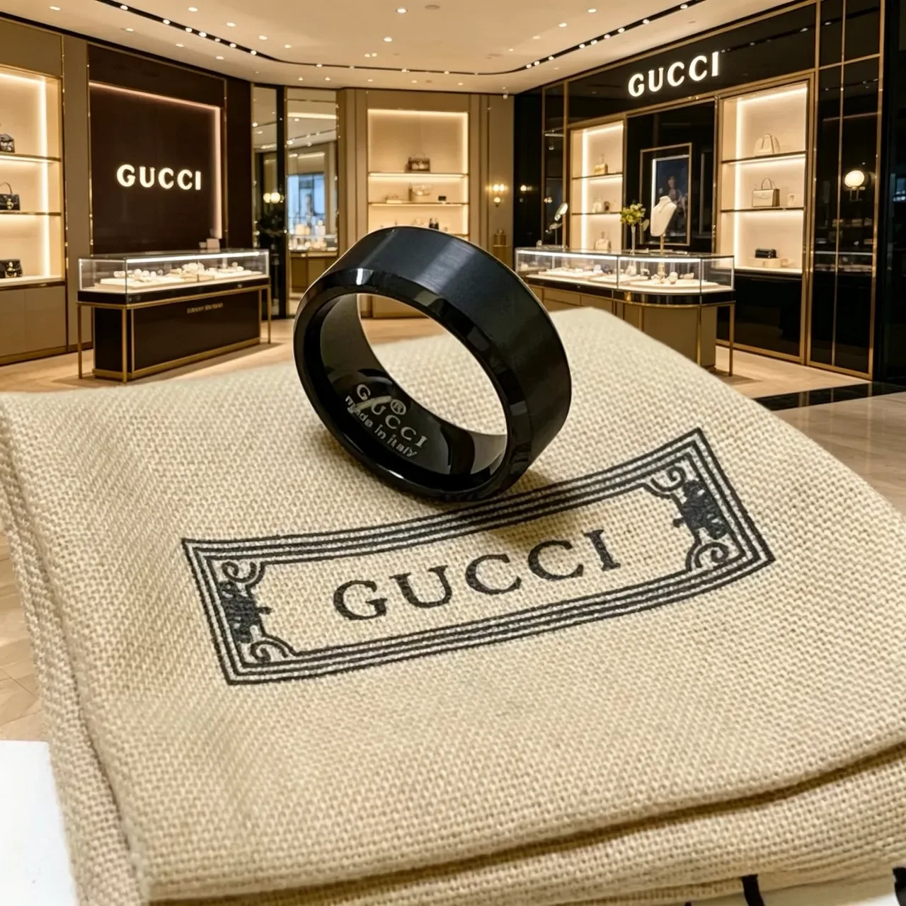 Gucci Black Matte Polished Beveled Ring 8