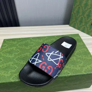 Gucci Black Navy Rubber Sole Printed Webbing Strap Slippers