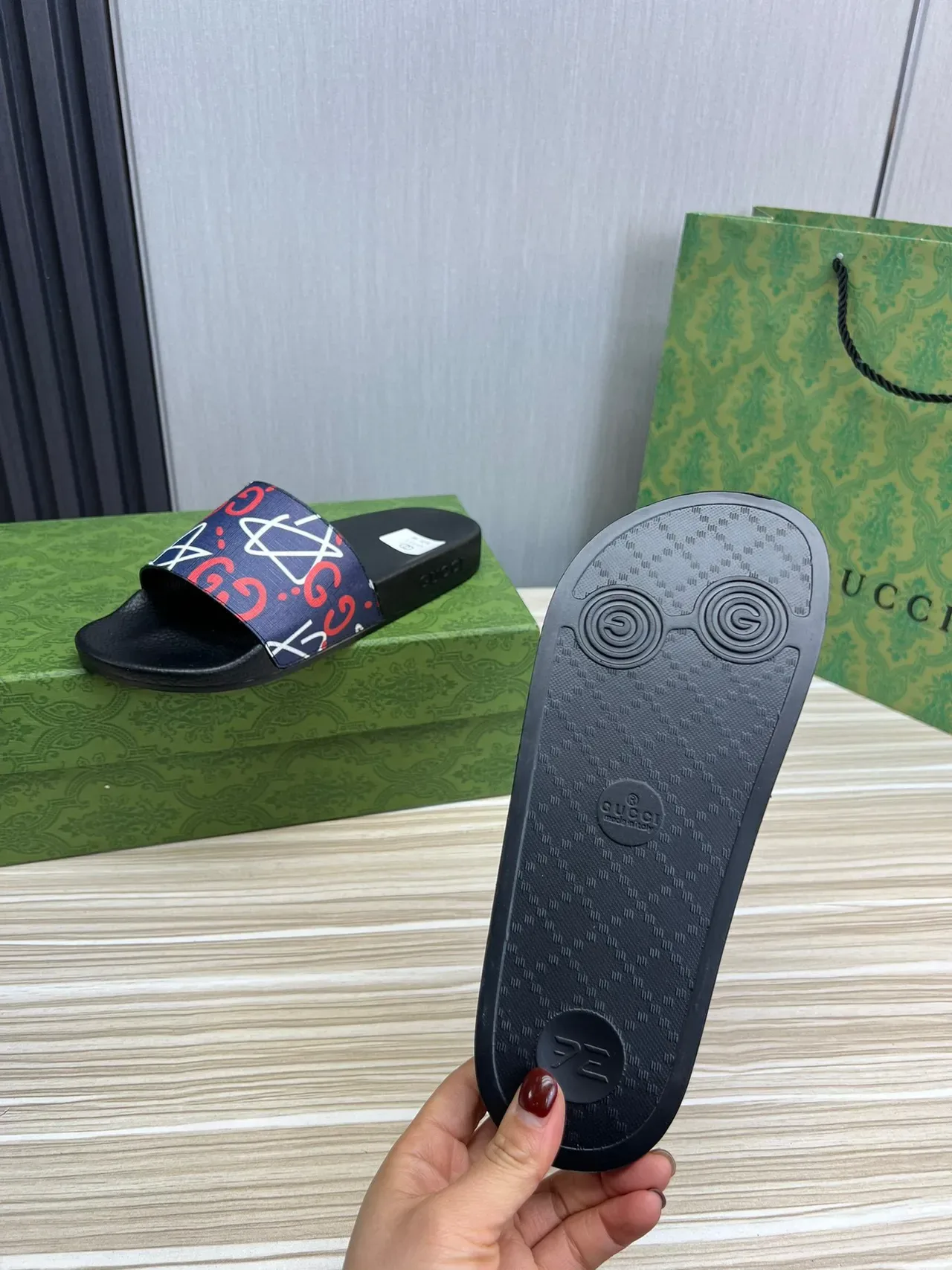 Gucci Black Navy Rubber Sole Printed Webbing Strap Slippers 2