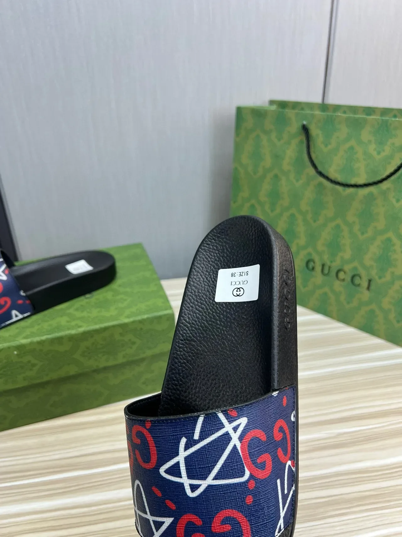 Gucci Black Navy Rubber Sole Printed Webbing Strap Slippers 3