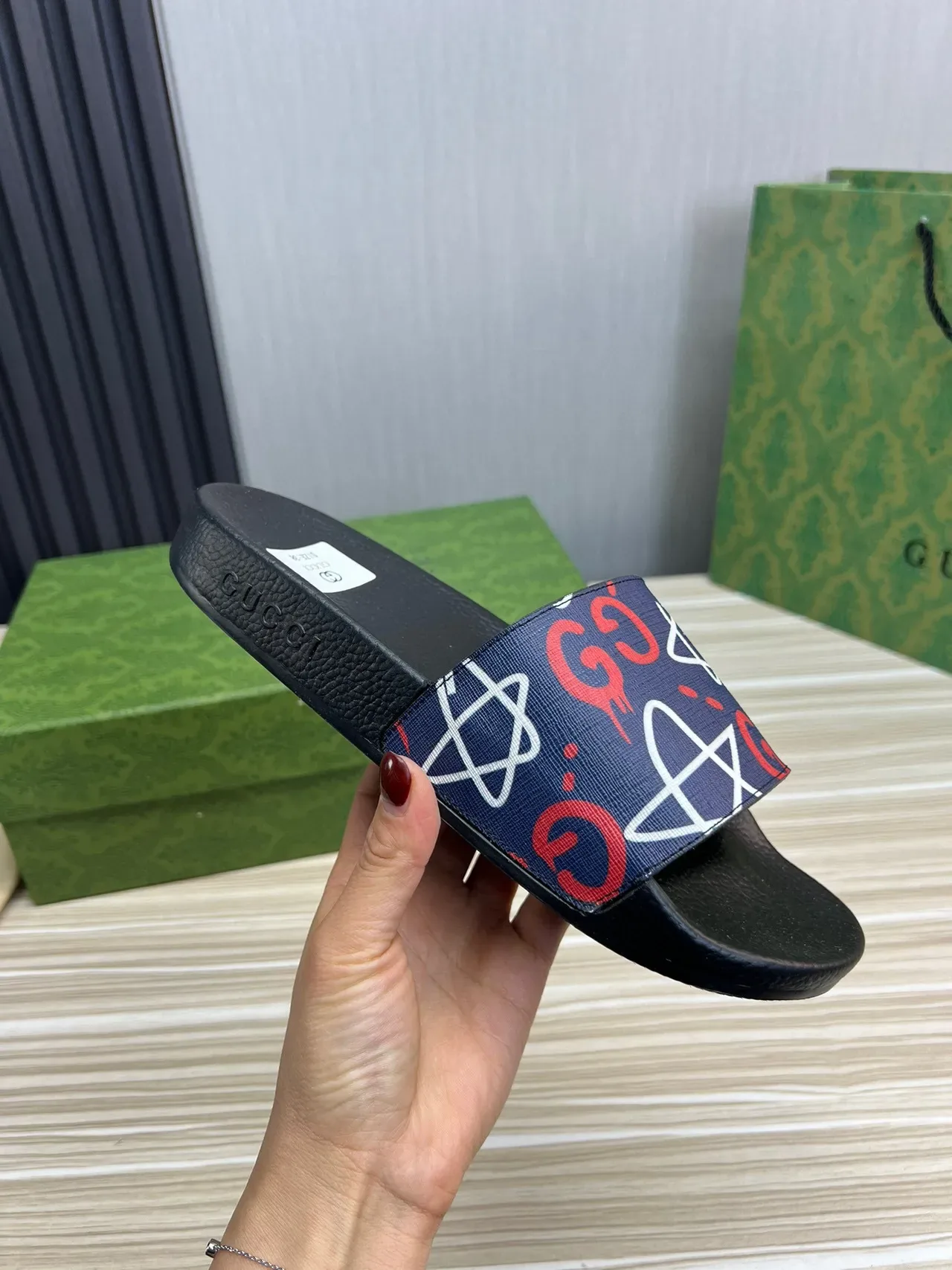 Gucci Black Navy Rubber Sole Printed Webbing Strap Slippers 4