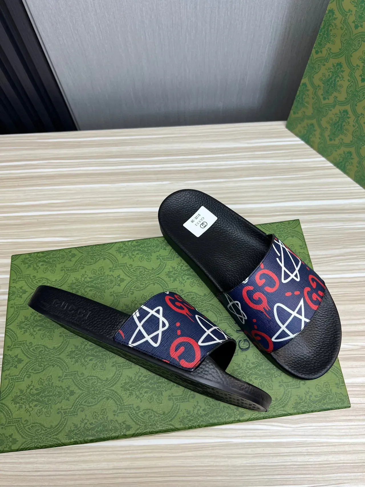 Gucci Black Navy Rubber Sole Printed Webbing Strap Slippers 5