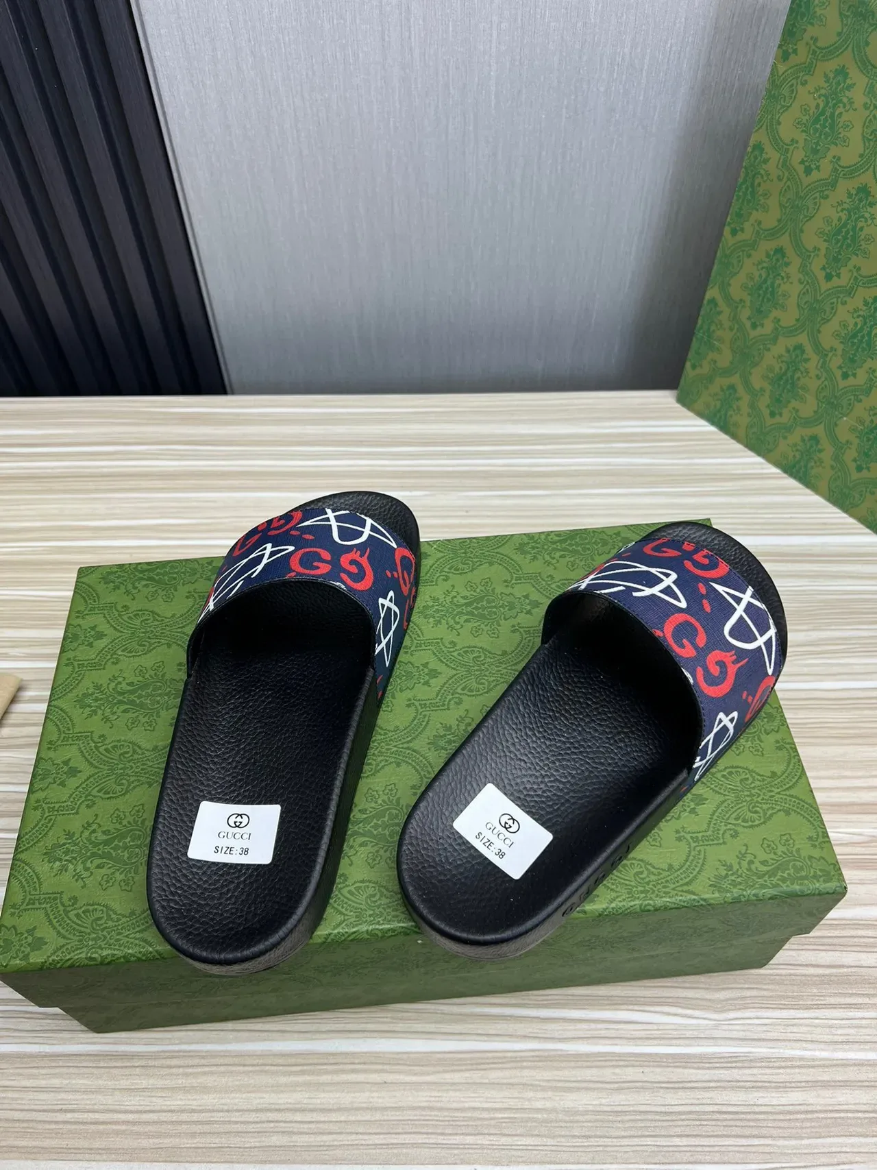 Gucci Black Navy Rubber Sole Printed Webbing Strap Slippers 6