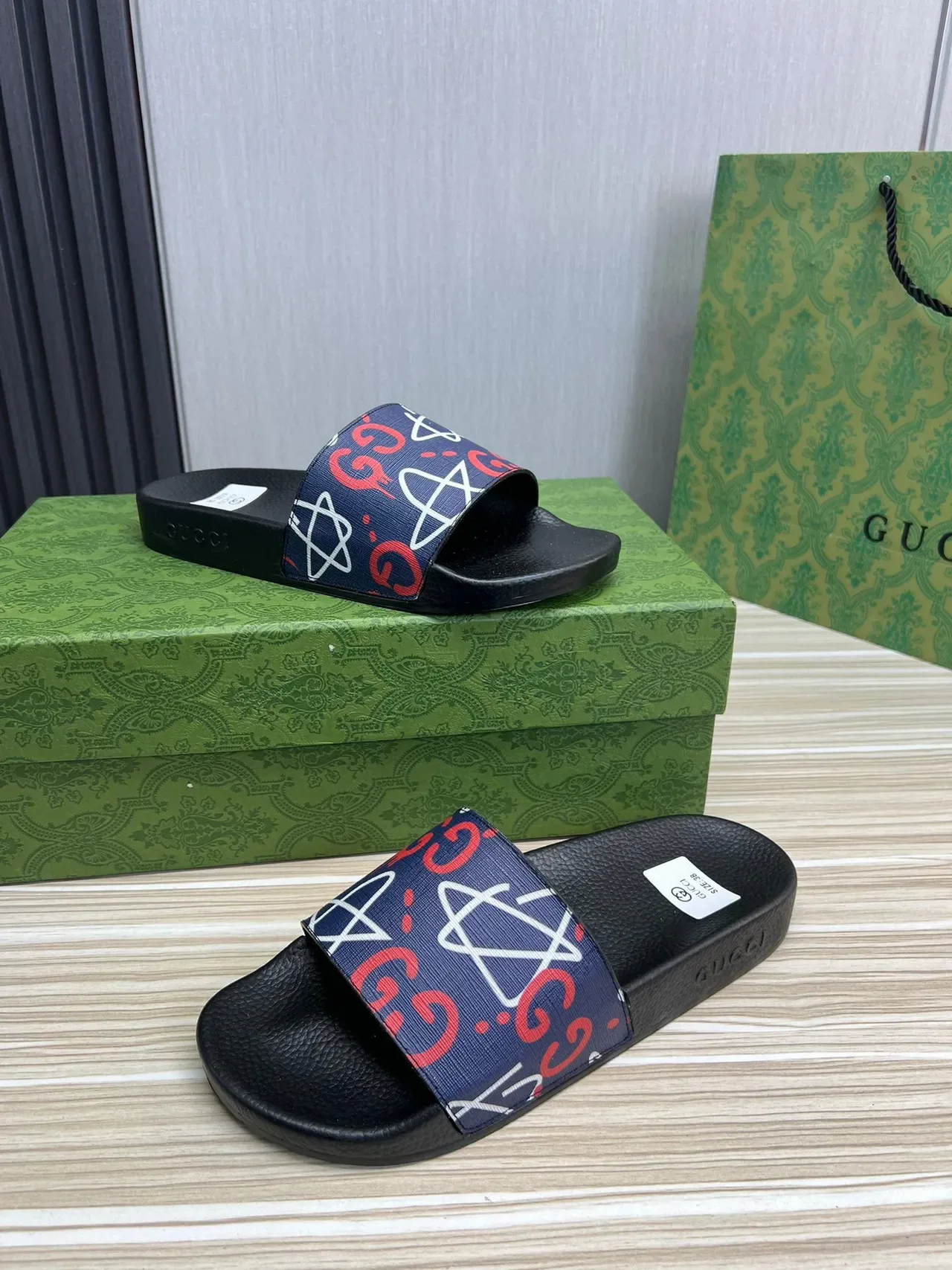 Gucci Black Navy Rubber Sole Printed Webbing Strap Slippers 7