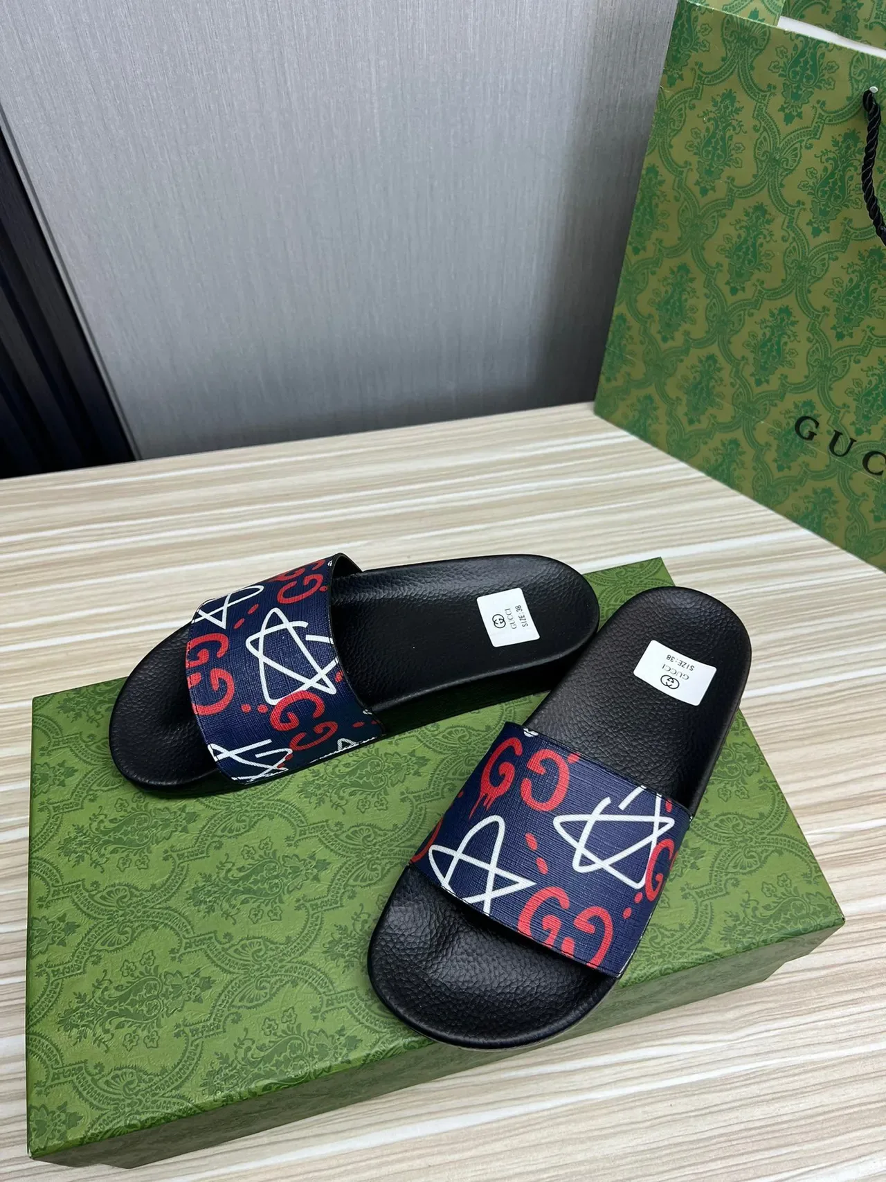 Gucci Black Navy Rubber Sole Printed Webbing Strap Slippers 8