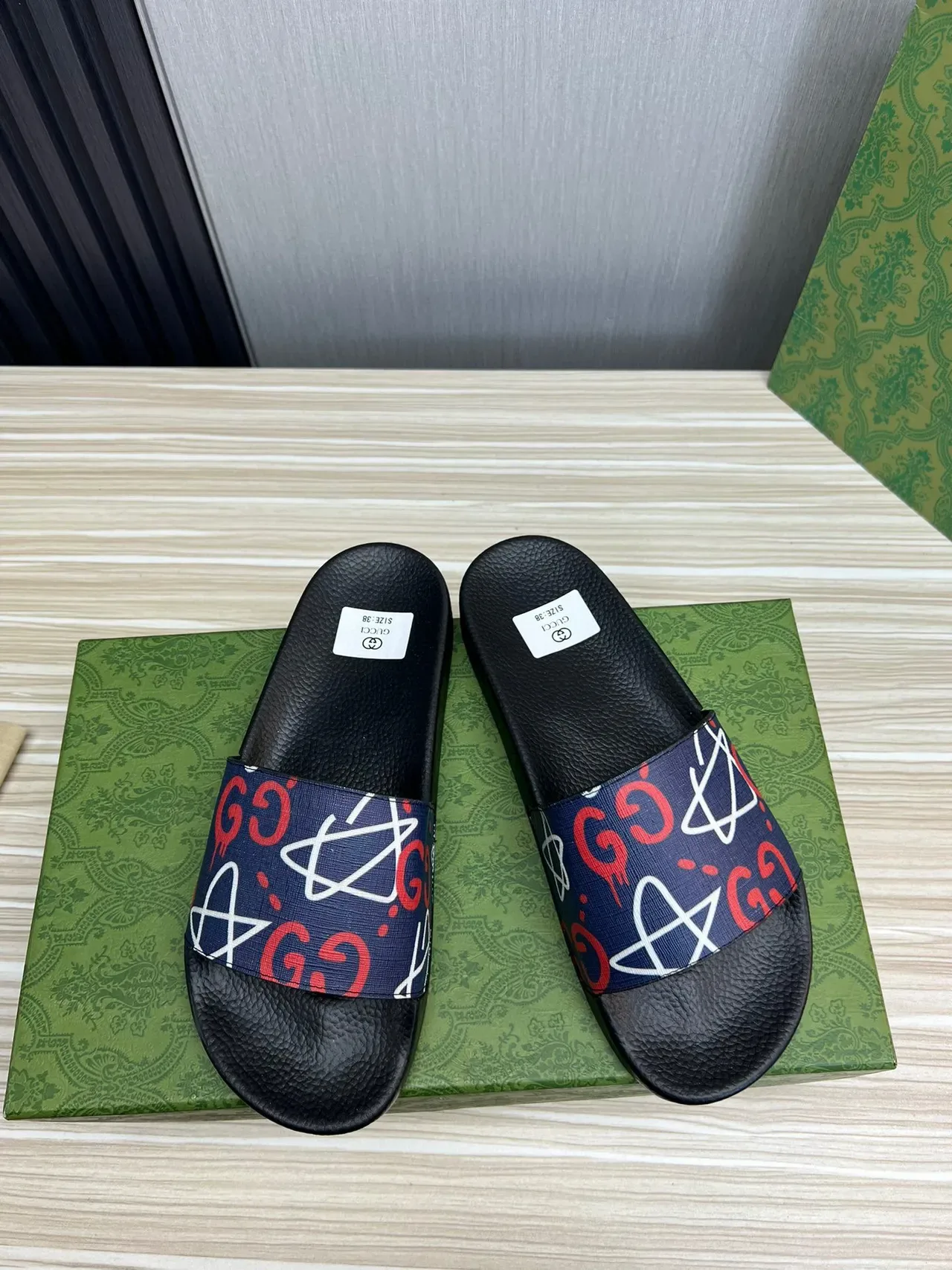 Gucci Black Navy Rubber Sole Printed Webbing Strap Slippers 9