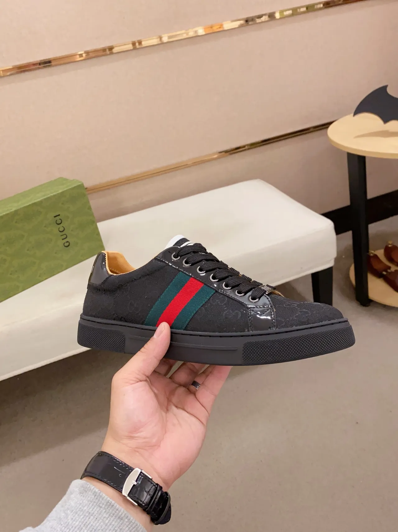 Gucci Black Red Monogrammed Canvas Patent Leather Accents Lifestyle Sneakers 5