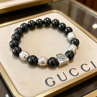 Gucci Black Silver Beaded Glossy Agate-Like Bracelet
