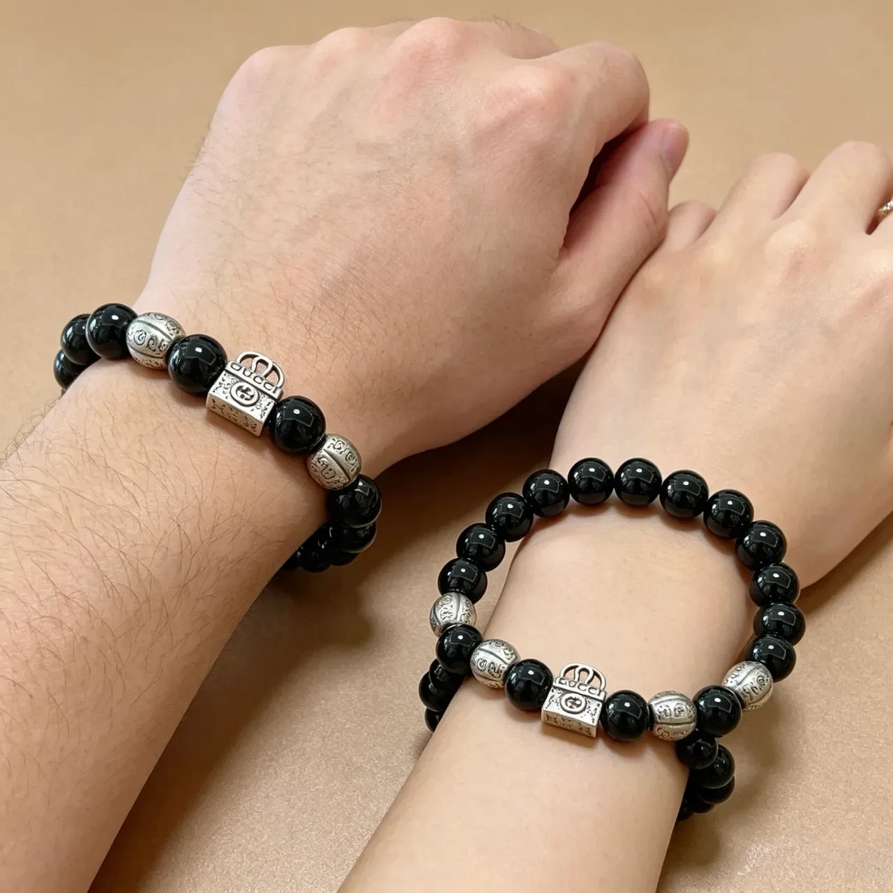 Gucci Black Silver Beaded Glossy Agate-Like Bracelet 5