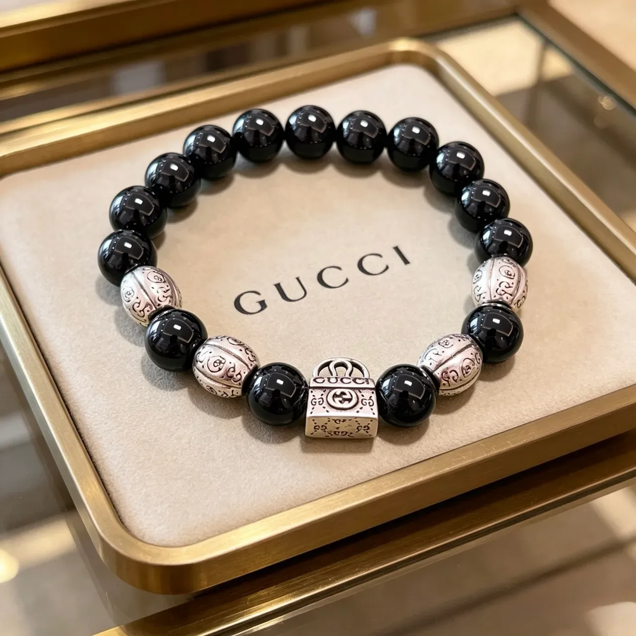 Gucci Black Silver Beaded Glossy Agate-Like Bracelet 6