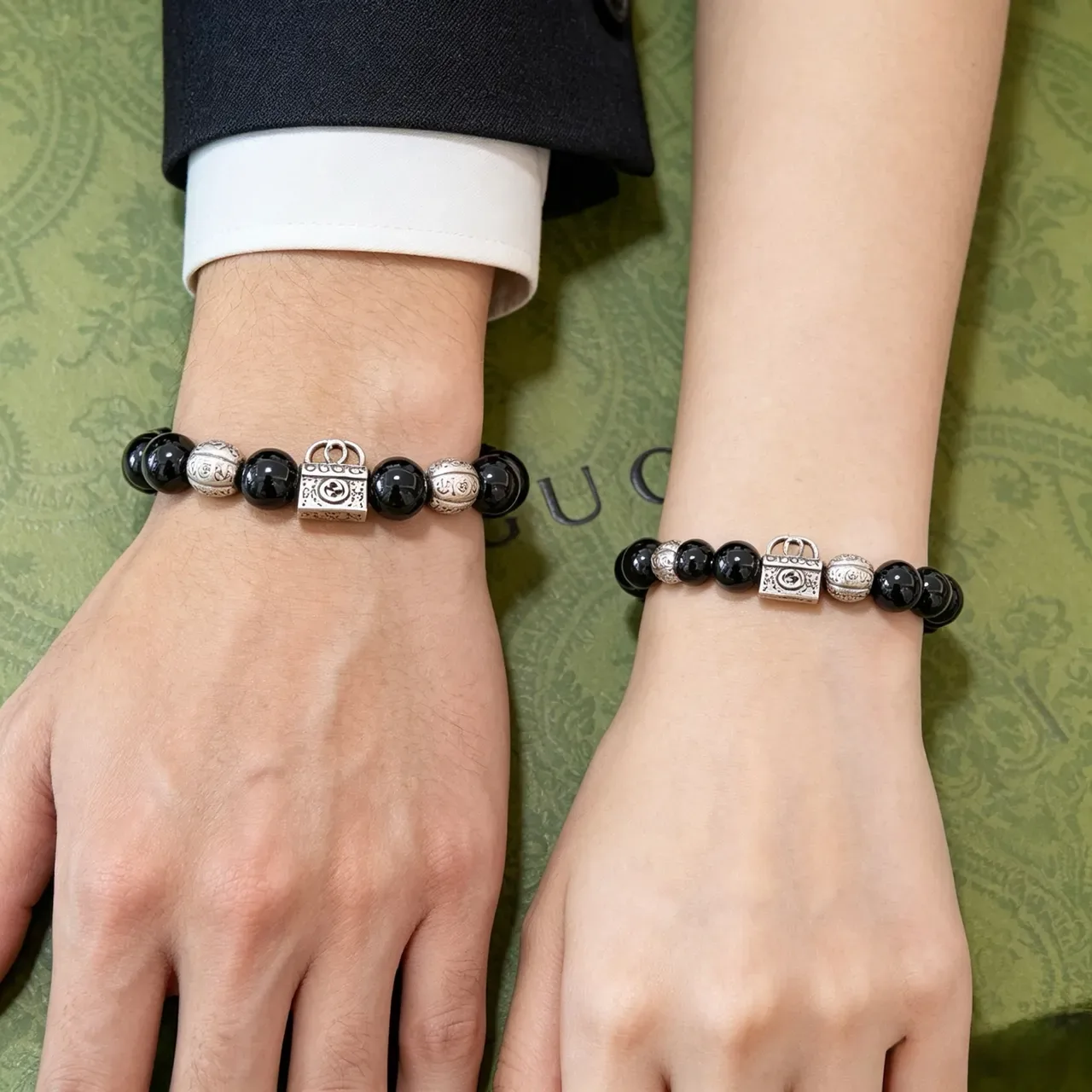 Gucci Black Silver Beaded Glossy Agate-Like Bracelet 8