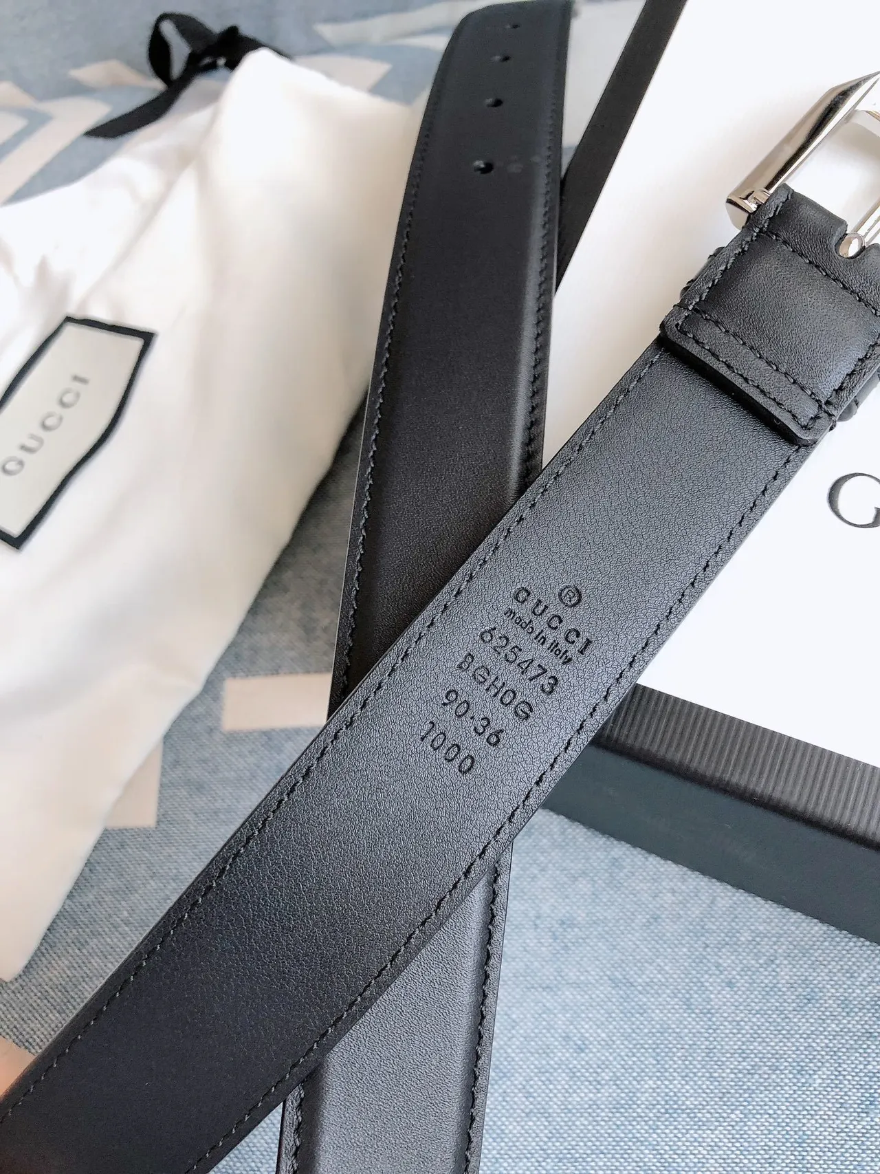 Gucci Black Silver Hexagonal Buckle Smooth Strap Leather Belt 2