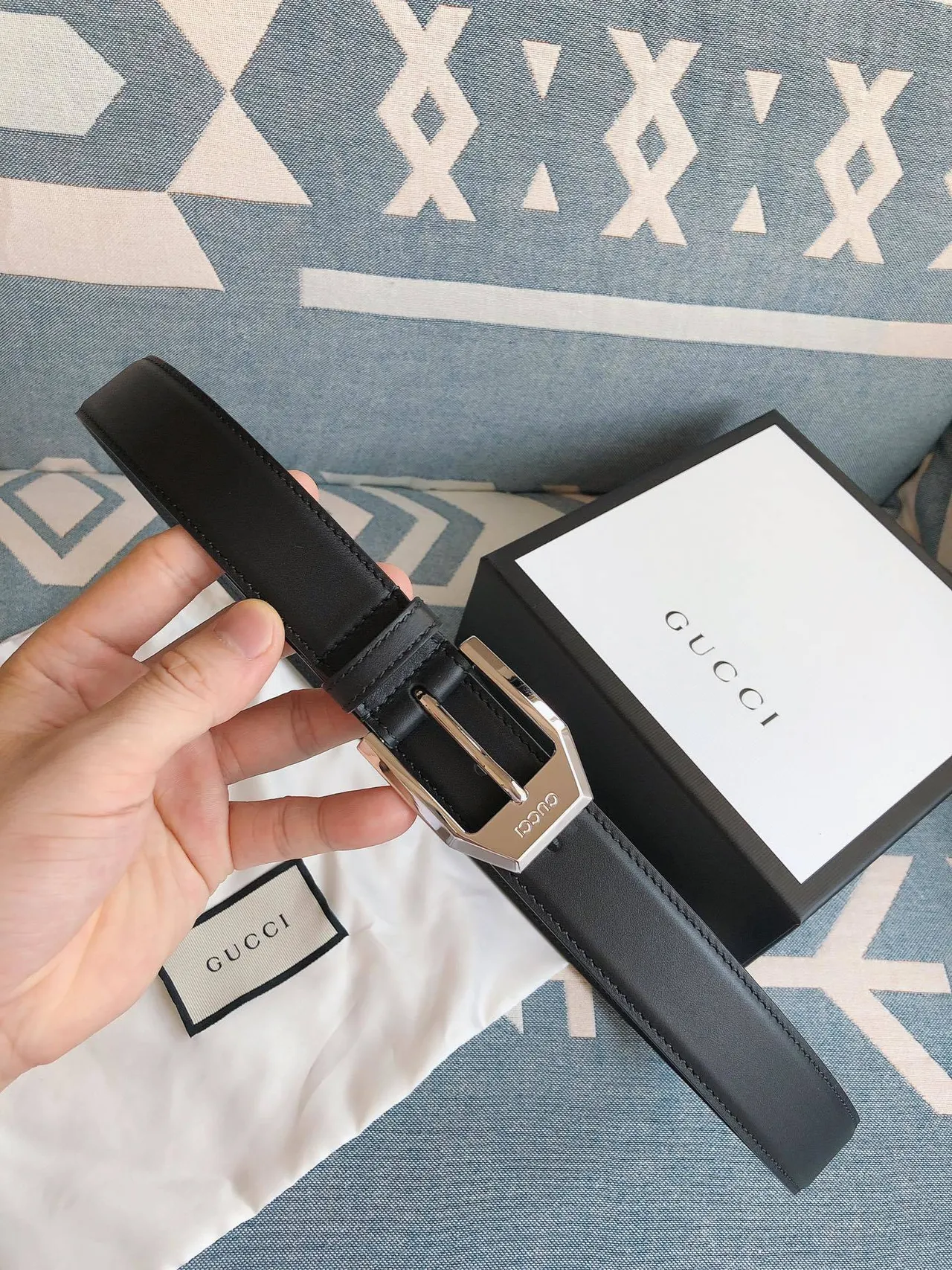 Gucci Black Silver Hexagonal Buckle Smooth Strap Leather Belt 8