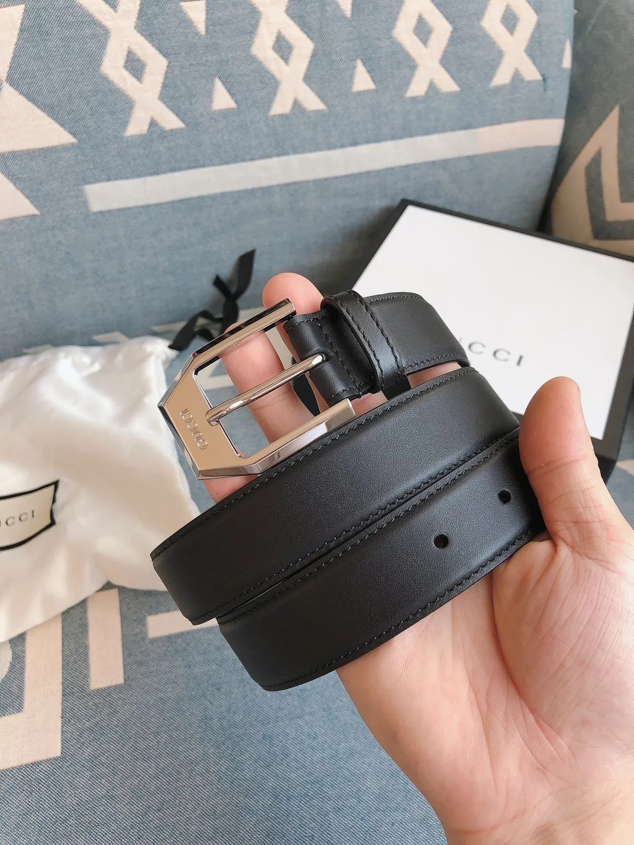 Gucci Black Silver Hexagonal Buckle Smooth Strap Leather Belt 9