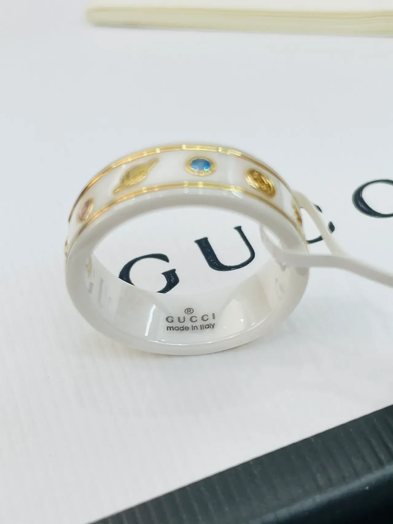 Gucci Black White Enamel Band Star Motif Ring 6