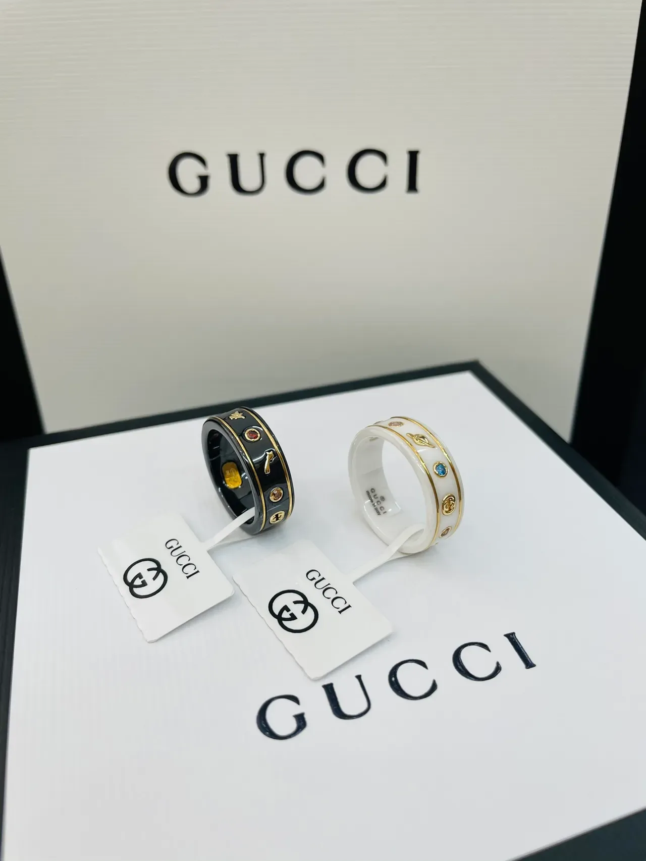 Gucci Black White Enamel Band Star Motif Ring 8
