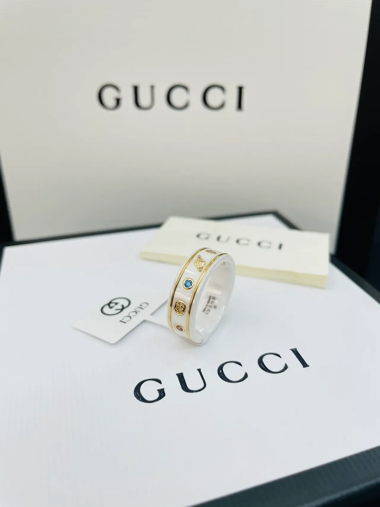 Gucci Black White Enamel Band Star Motif Ring 9