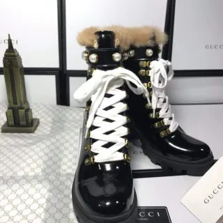 Gucci Black White Glossy Patent Leather Pearl-and-Gold Eyelet Hardware Ankle Boots