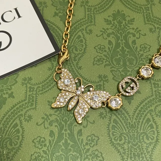 Gucci Butterfly Crystal Pendant Gold-Tone Necklace 4