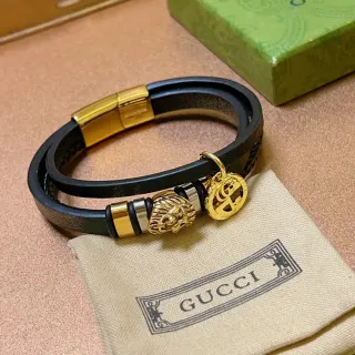 Gucci Dionysus inspirado Pulsera de encanto con cabeza de león de cuero negro dorado de doble vuelta