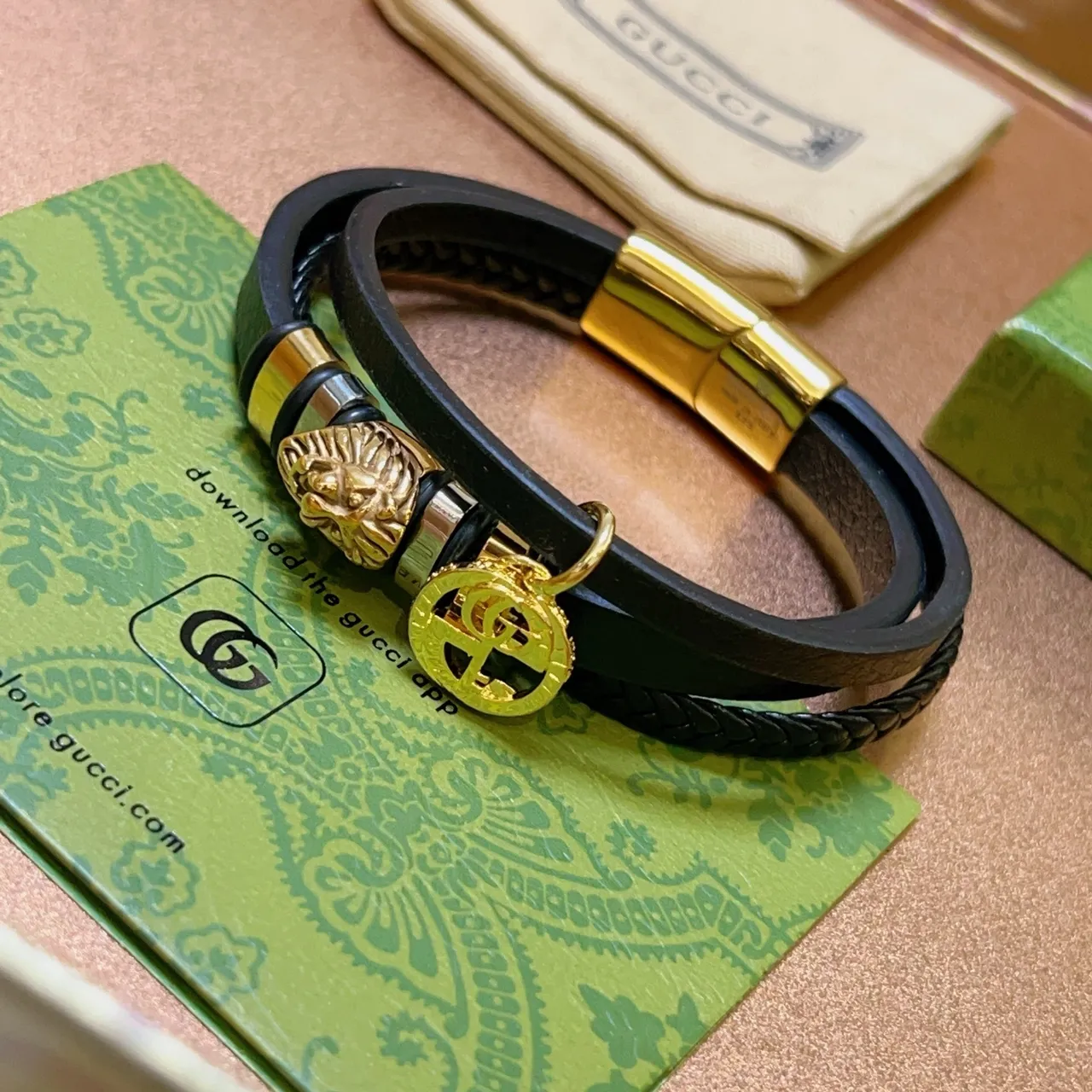 Gucci Dionysus-inspired Black Gold Double-Wrap Leather Lion Head Charm Bracelet 3