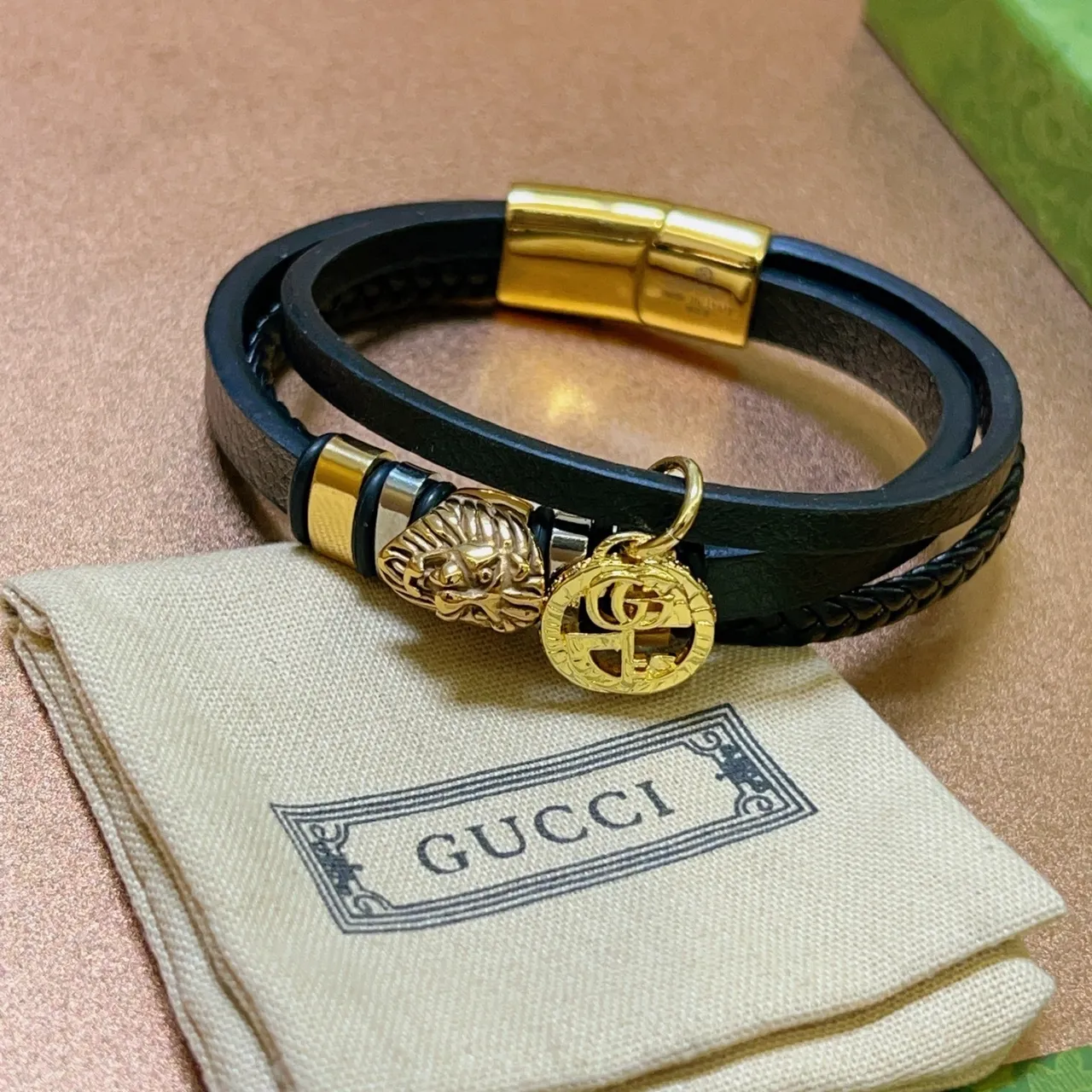 Gucci Dionysus-inspired Black Gold Double-Wrap Leather Lion Head Charm Bracelet 4