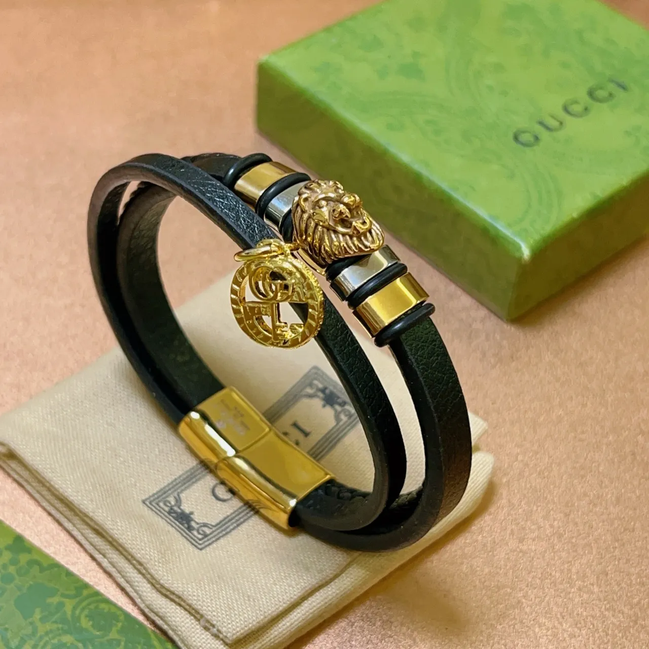 Gucci Dionysus-inspired Black Gold Double-Wrap Leather Lion Head Charm Bracelet 6