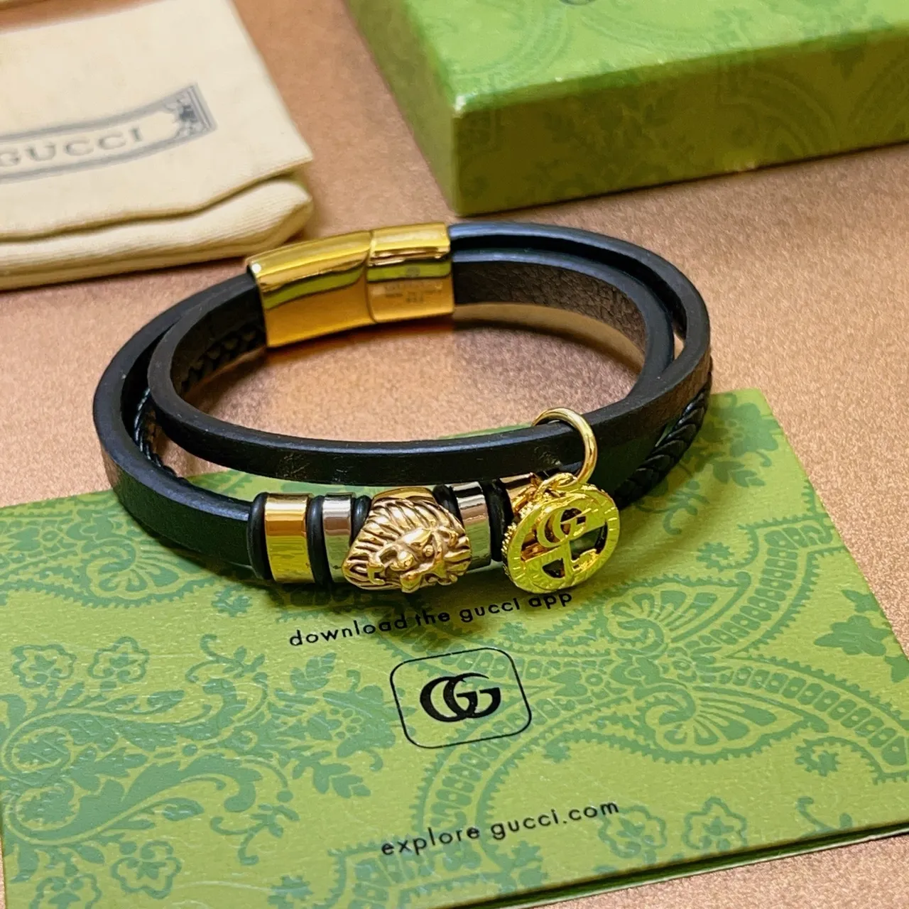 Gucci Dionysus-inspired Black Gold Double-Wrap Leather Lion Head Charm Bracelet 7