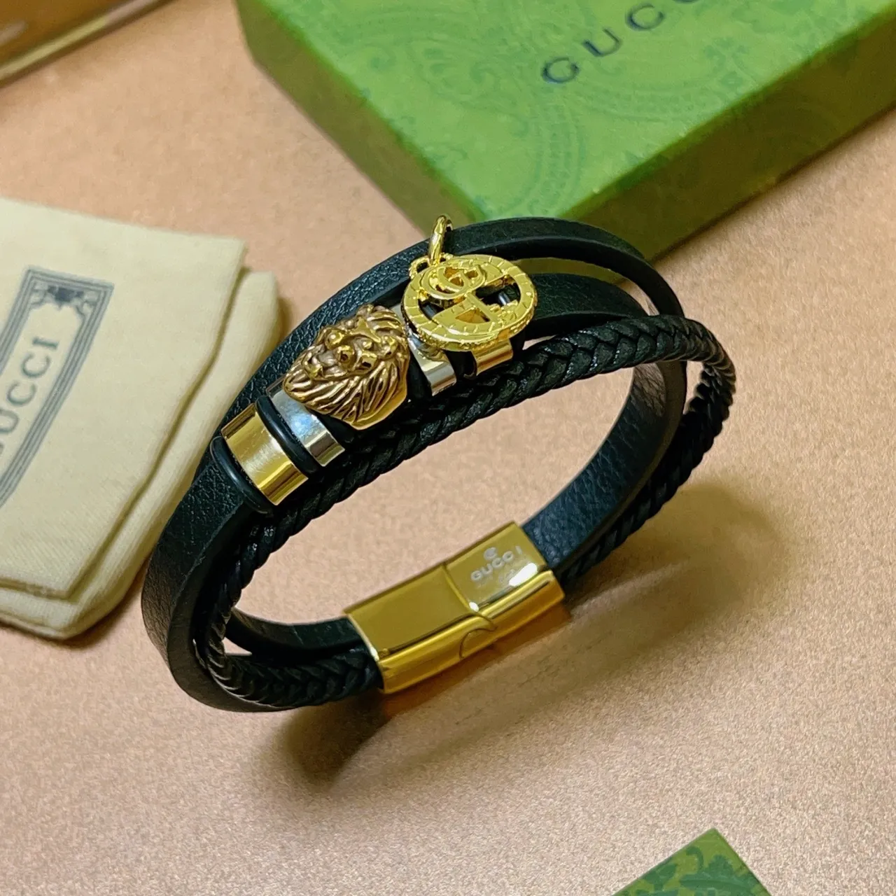 Gucci Dionysus-inspired Black Gold Double-Wrap Leather Lion Head Charm Bracelet 9