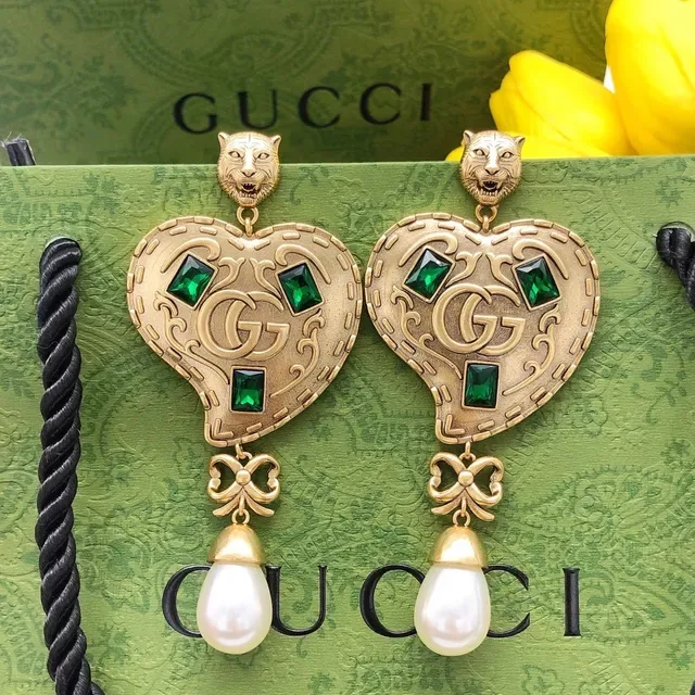 Gucci Dionysus-inspired Heart Gold Green Tiger Head Stud Earrings 2