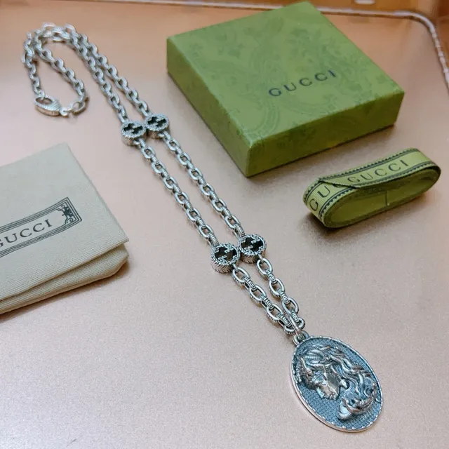 Gucci Dionysus Silver Blue Chain Interlocking G Links Necklace 4