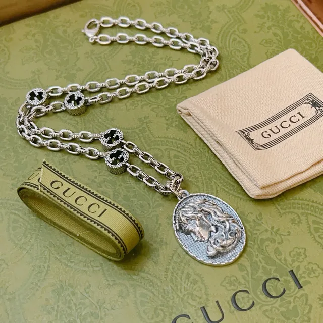 Gucci Dionysus Silver Blue Chain Interlocking G Links Necklace 6