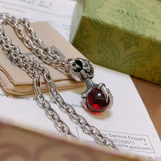 Gucci Dionysus Silver Red Skull Pendant Claw-Set Cabochon Necklace