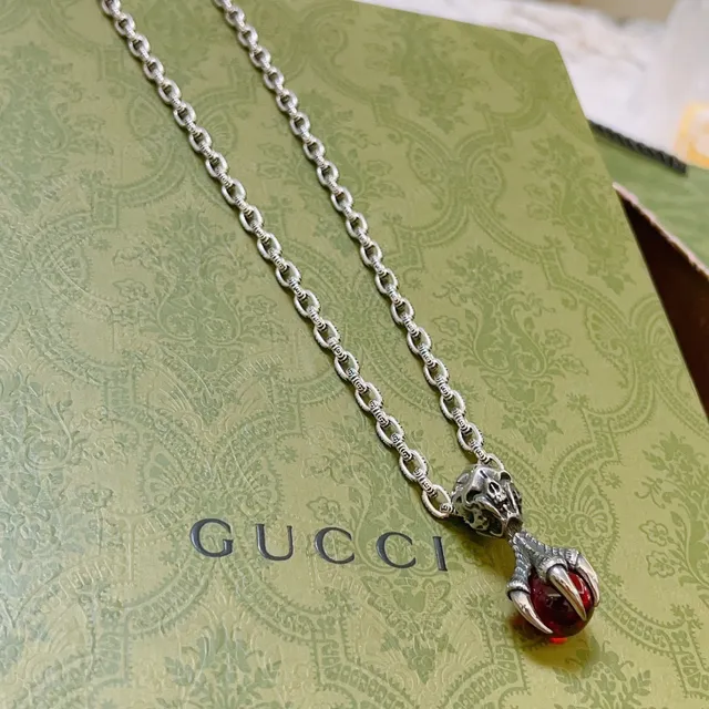 Gucci Dionysus Silver Red Skull Pendant Claw-Set Cabochon Necklace 7