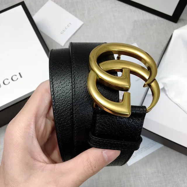 Gucci Double G Belt Black Pebbled Leather Gold-Tone Buckle Leather Belt 3