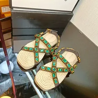 Gucci Embellished Brown and Emerald Green Gladiator Sandals