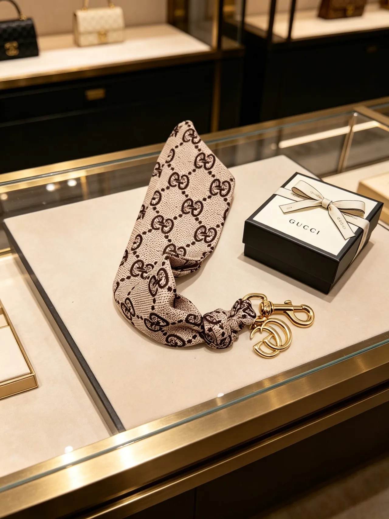 Gucci GG Marmont بيج وبني Monogram حقيبة يد مع تونسل حريري وقلادة 2