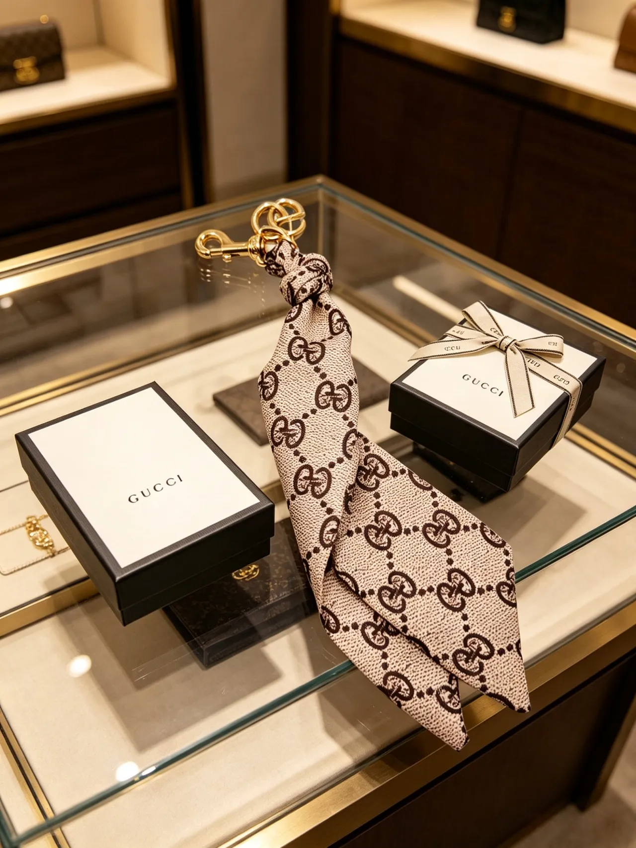 Gucci GG Marmont بيج وبني Monogram حقيبة يد مع تونسل حريري وقلادة 4