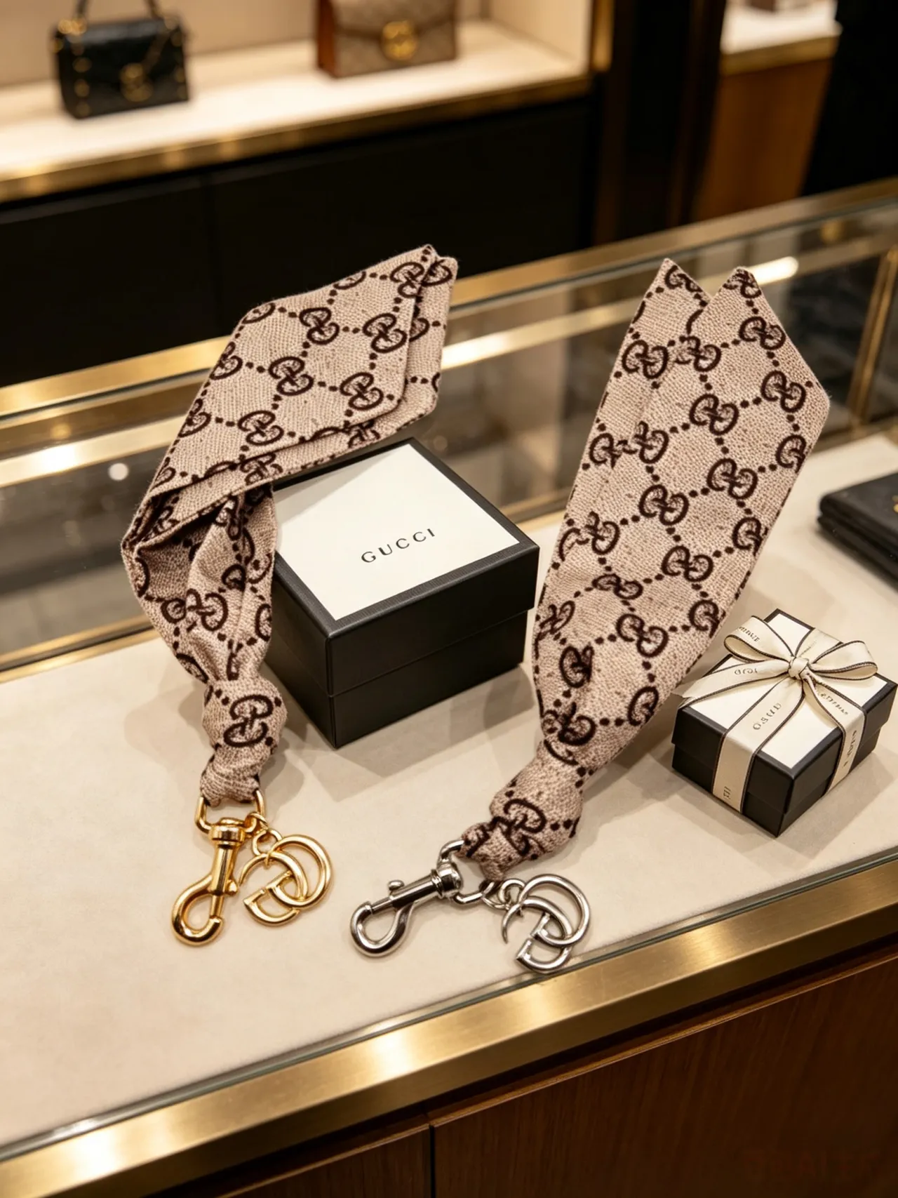Gucci GG Marmont بيج وبني Monogram حقيبة يد مع تونسل حريري وقلادة 7