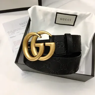 Gucci GG Marmont Black Gold Embossed Monogram Oversized Interlocking G Buckle Leather Belt