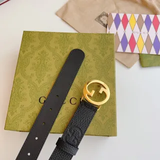 Gucci GG Marmont Black Gold Interlocking G Buckle Embossed Leather Belt