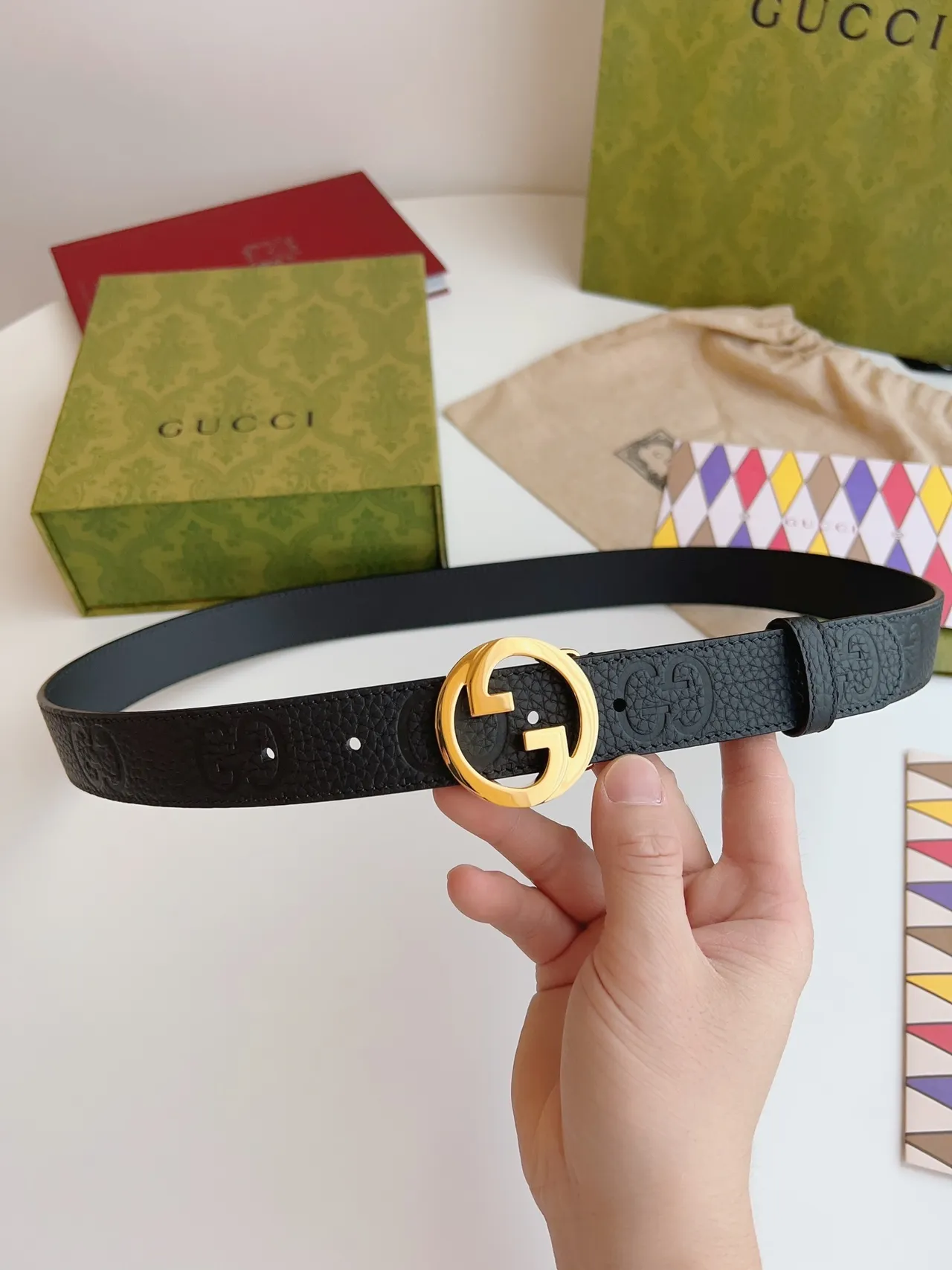 Gucci GG Marmont Black Gold Interlocking G Buckle Embossed Leather Belt 3