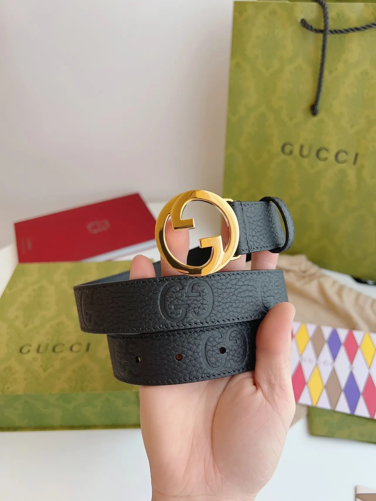Gucci GG Marmont Black Gold Interlocking G Buckle Embossed Leather Belt 4