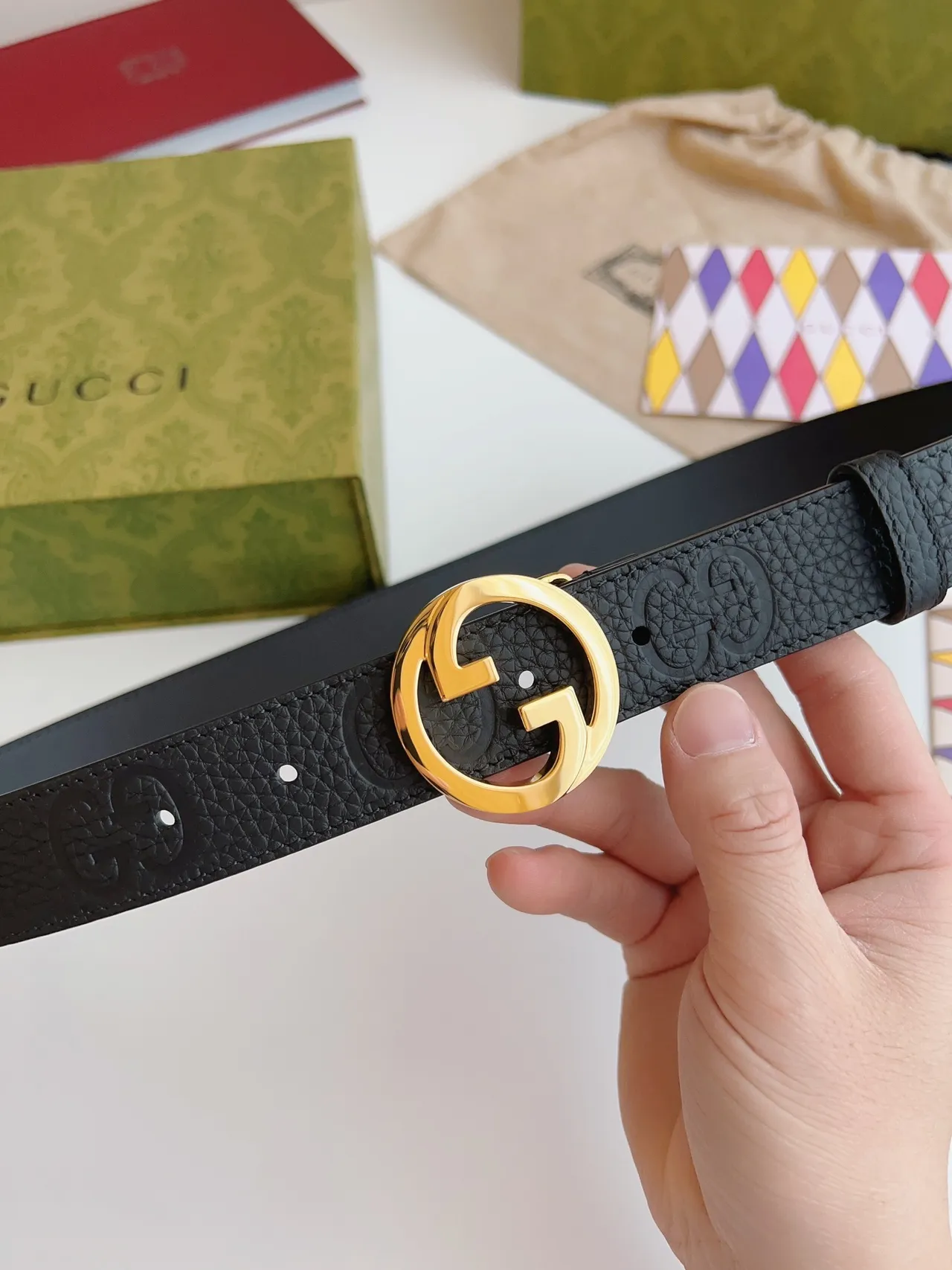 Gucci GG Marmont Black Gold Interlocking G Buckle Embossed Leather Belt 5