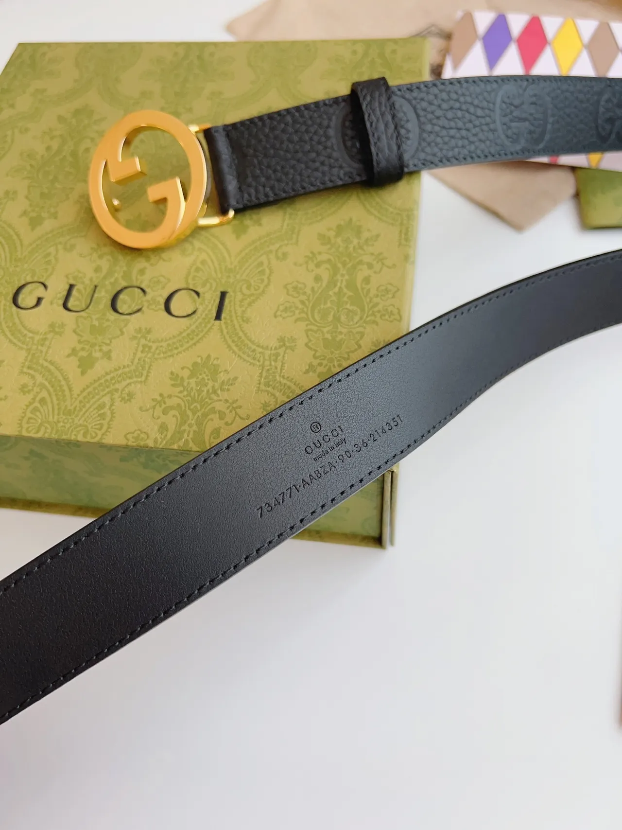 Gucci GG Marmont Black Gold Interlocking G Buckle Embossed Leather Belt 6