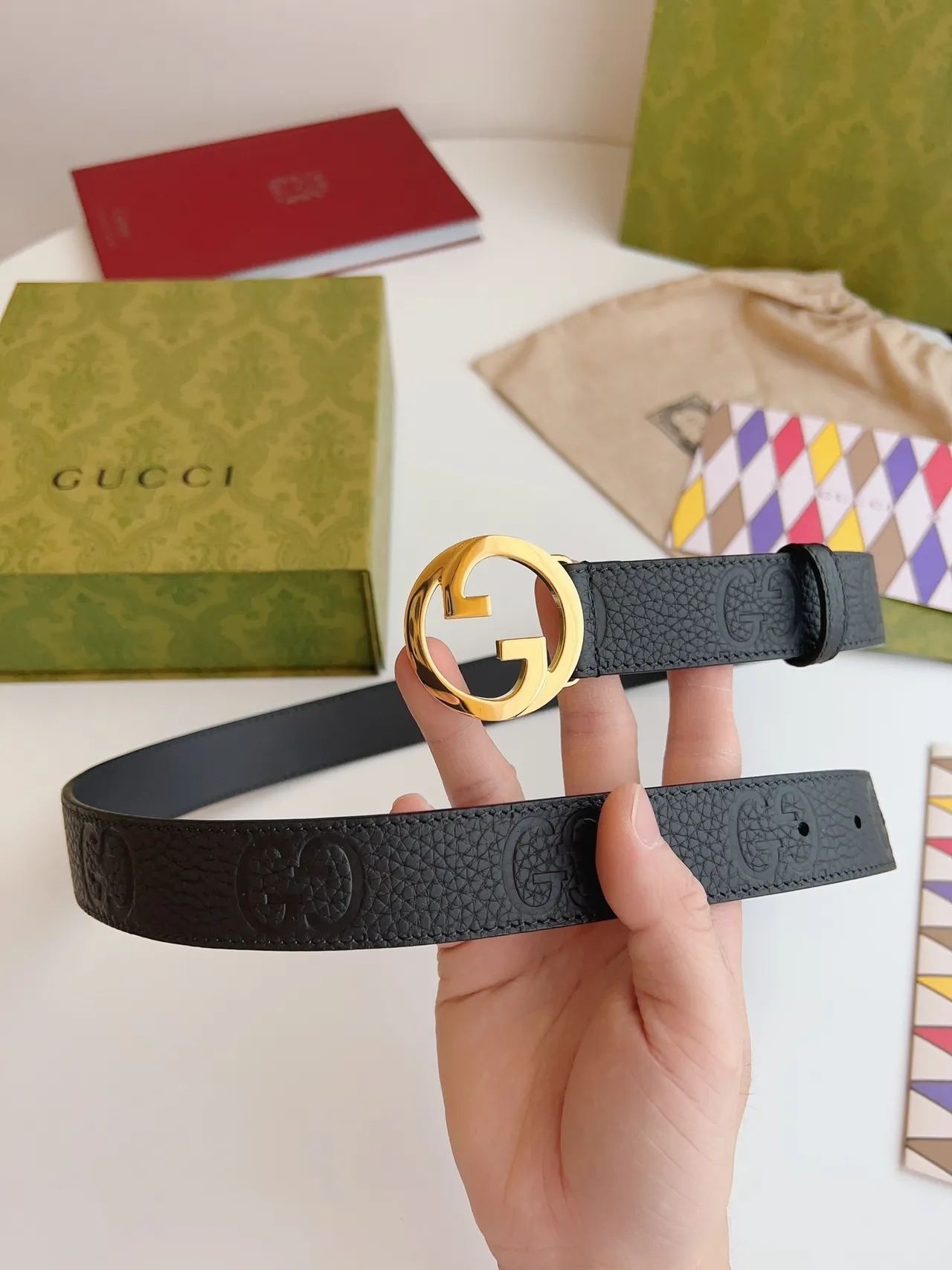 Gucci GG Marmont Black Gold Interlocking G Buckle Embossed Leather Belt 8