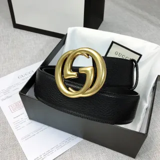 Gucci GG Marmont Black Gold Interlocking G Buckle Pebbled Leather Belt